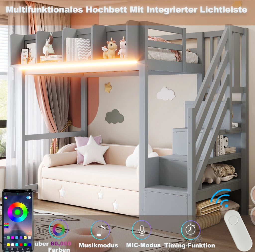 Letto a soppalco 90x200 cm con LED; ripiani e scala con vani in pino; grigio