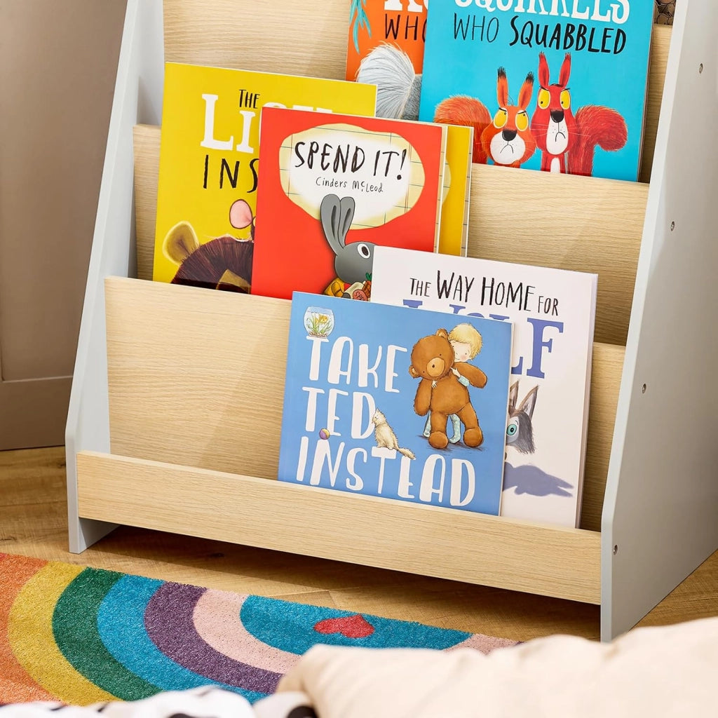 Libreria per Bambini Scaffale a Scala Scaffale Portaoggetti Libreria a Scala Grigio-Naturale 61x30x71cm KMB106-HG