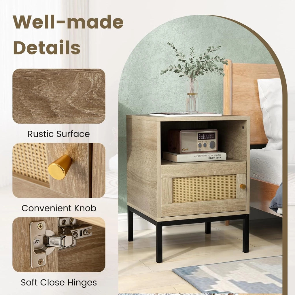 Comodino in Rattan, Tavolino Boho con Armadietto e Mensola, Tavolino Accento per Letto con Gambe in Metallo, Tavolino Compatto in Stile Fattoria per Camera da Letto, Soggiorno, Naturale