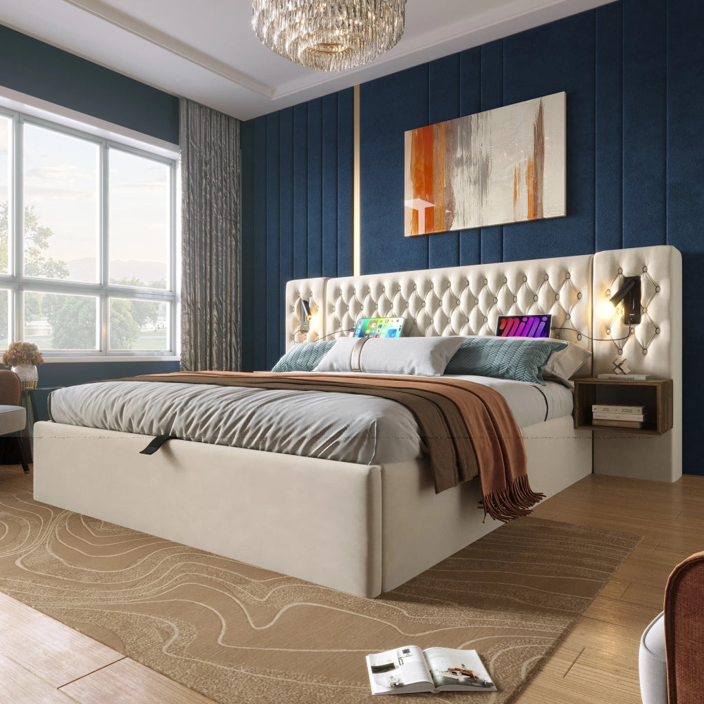 OKWISH Letto Contenitore 180×200 cm, Letto Matrimoniale con Contenitore, USB, Type C, Luci da Lettura e 2 Comodini, senza Materasso, Velluto, Beige