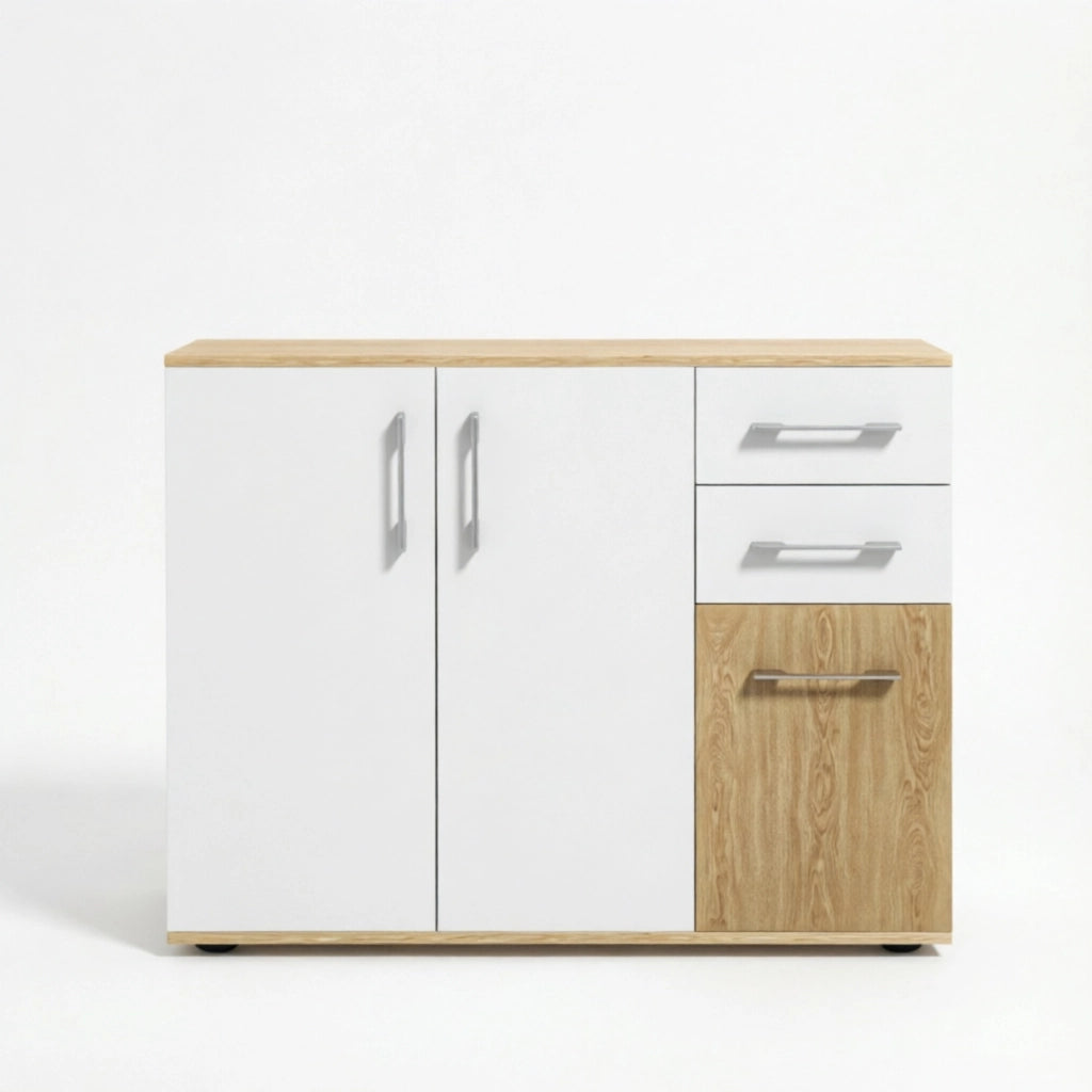 Sideboard moderno con 2 cassetti e armadietti, mobile contenitore 90 x 30 x 75,5 cm, bianco e naturale