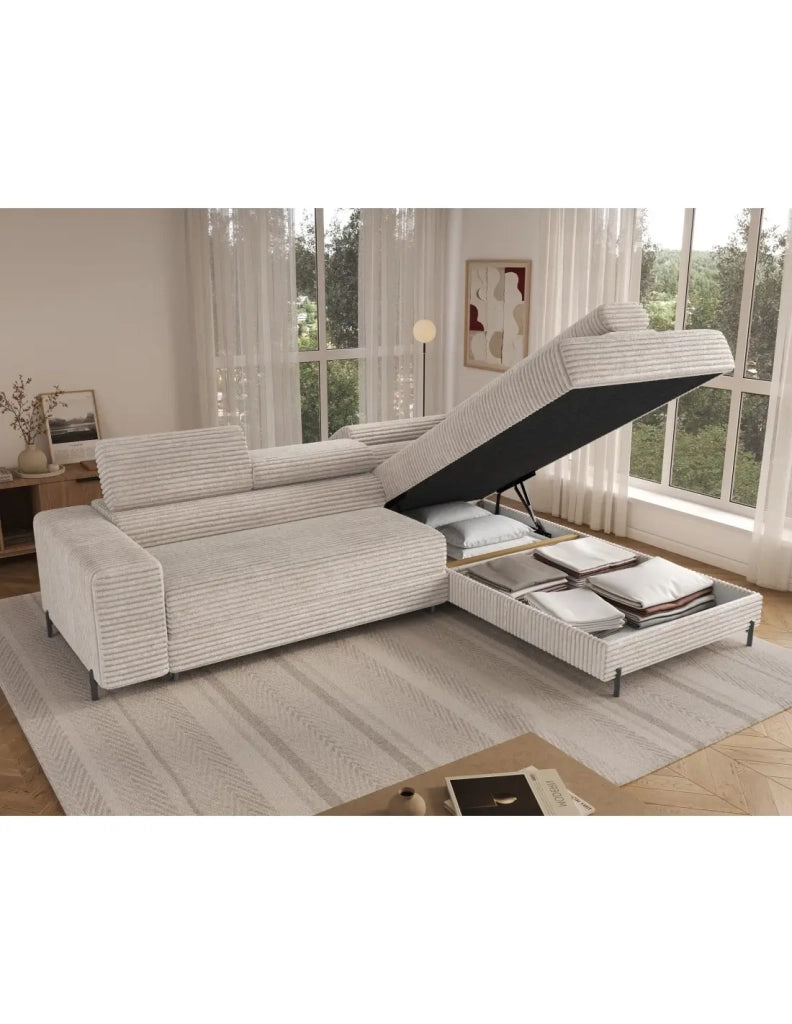 Divano ad angolo COLESIA convertibile 5 posti grigio velluto a coste – destro – 274x200cm