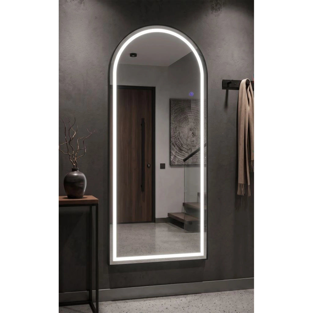 Specchio da terra ad arco con cornice nera e illuminazione LED