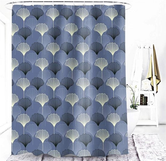 Douchegordijn Grigio Blu Foglia Ginkgo Piante 180x200 cm - Impermeabile e Antimuffa