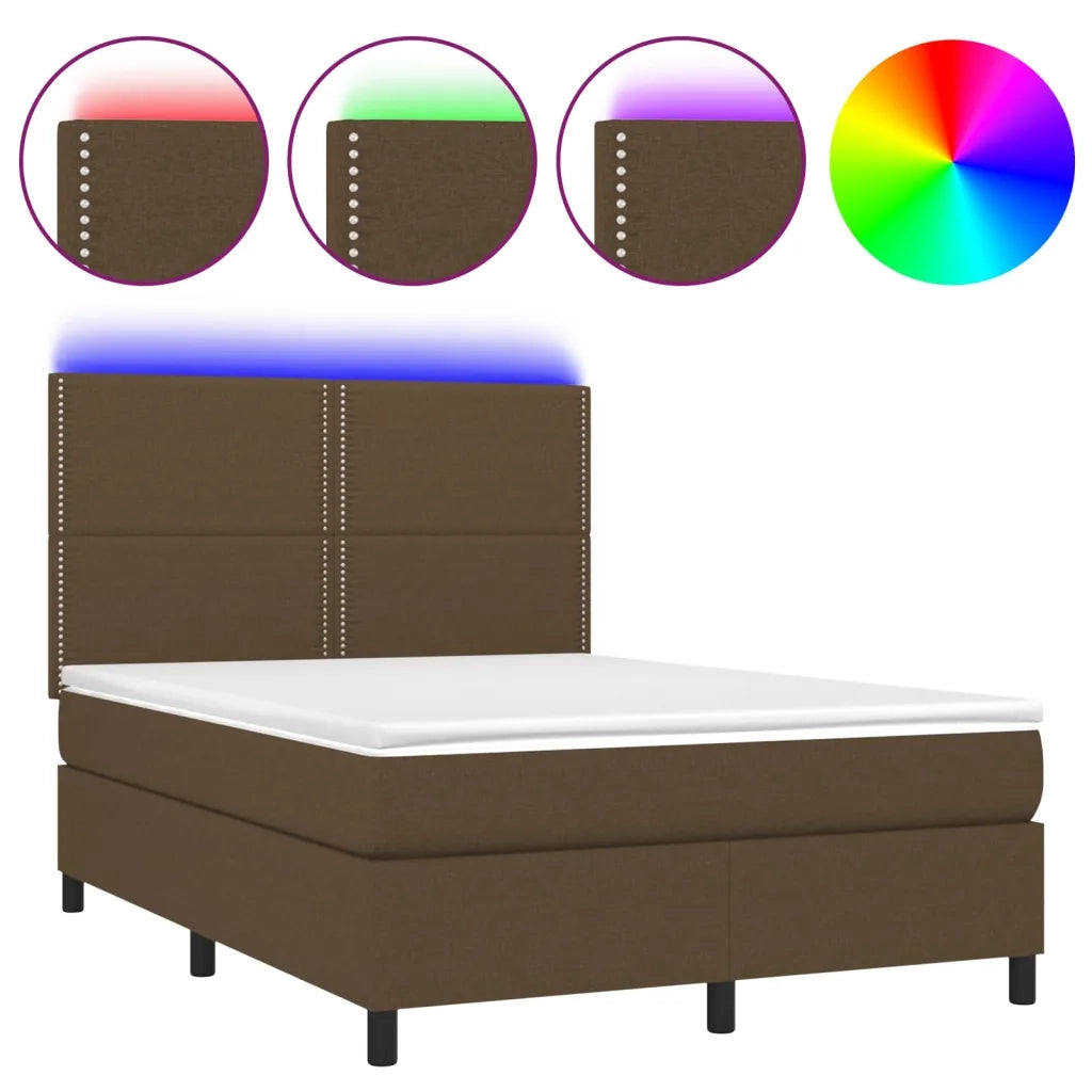 Letto a Molle Materasso e LED Marrone Scuro 140x200 cm Tessuto 3134800