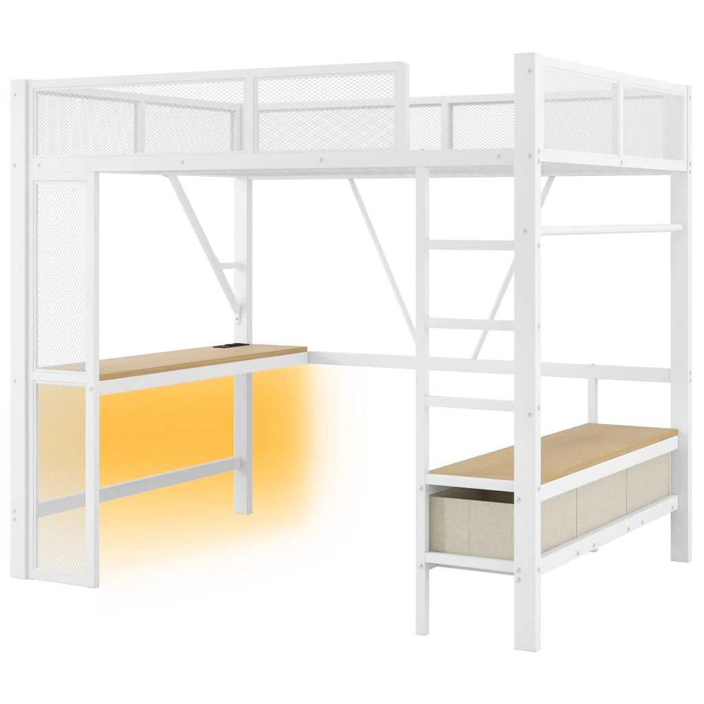 LETTO a soppalco con scrivania, LED e cassetti 140x200 cm Bianco Metallo/MDF