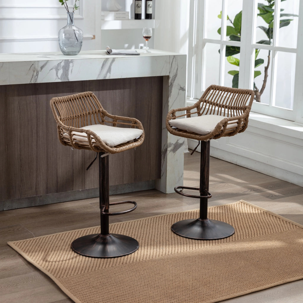 Set di 2 Sgabelli da Bar Girevoli e Regolabili in Altezza con Poggiapiedi; per Cucina e Sala da Pranzo; Lino; Beige