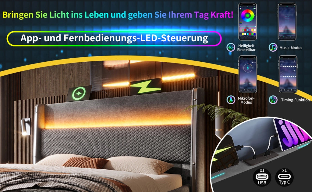 DESMIU Letto singolo 90 × 200 cm con LED, USB e Type-C, contenitore idraulico, senza materasso, lino, grigio