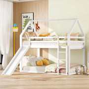 Letto a castello 90x200 cm a forma di casa con scivolo e scala in legno bianco