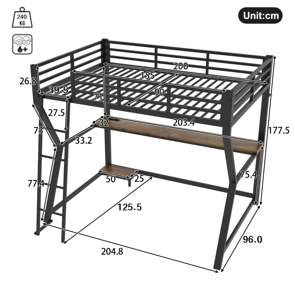 Letto a Soppalco 90 × 200 cm; Letto Singolo con Scrivania; Ripiano PC; Presa; USB e LED; senza Materasso; Nero