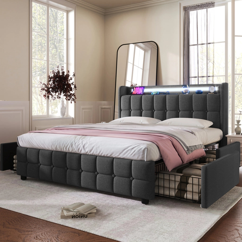 Letto contenitore 140x200 cm con LED; USB; 4 cassetti e testiera; grigio