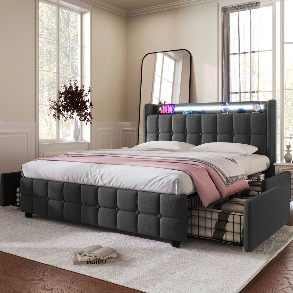 Letto contenitore 140x200 cm con LED; USB; 4 cassetti e testiera; grigio