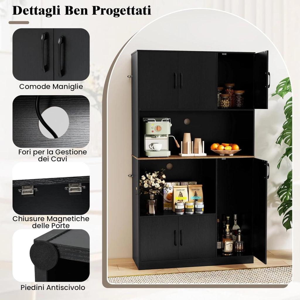 Armadio Dispensa Alto 180 cm, Credenza da Cucina con Presa di Corrente e 4 Ante, per Cucina, Sala da Pranzo e Soggiorno, 100 x 40 x 180 cm (Nero)
