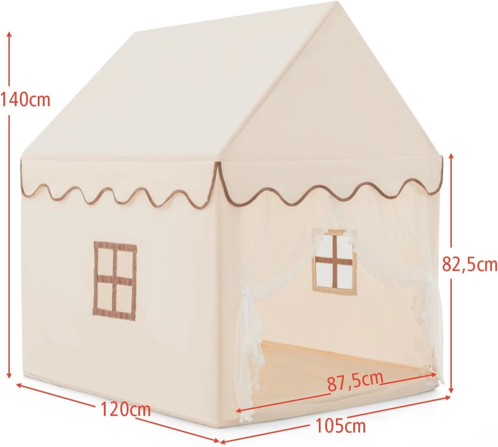 Tenda da Gioco per Bambini, Casetta per Bambini con Struttura in Solido Legno, Tappetino di Cotone, Tenda a Rete e Finestre, 105x120x140 cm (Beige)