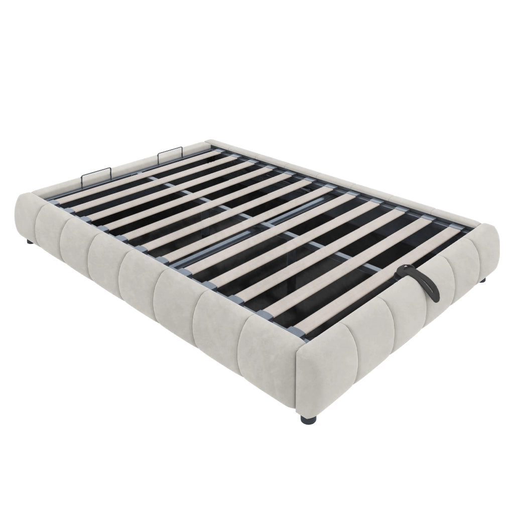 OKWISH Letto contenitore 140×200 cm, Letto Matrimoniale con LED Bianca e Vano Idraulico, senza Materasso, in Flanella, Beige