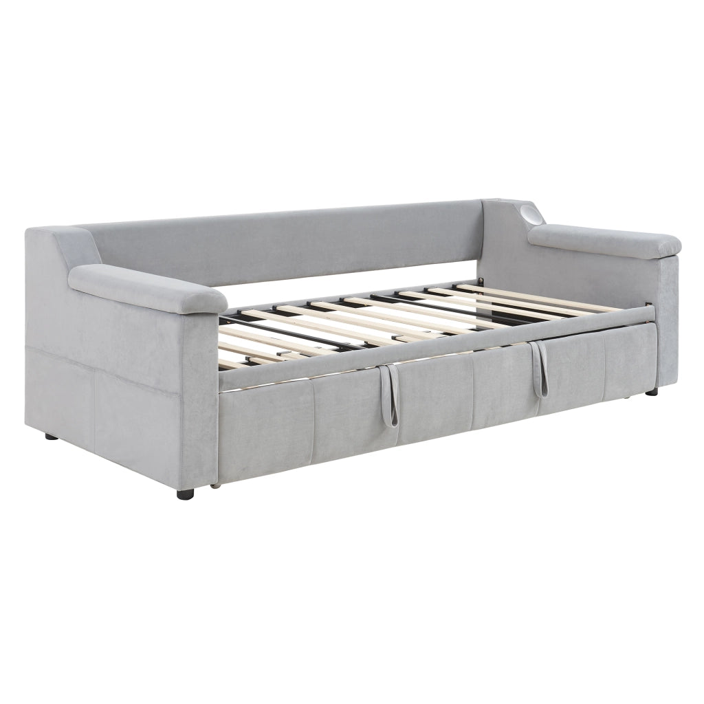 Divano letto imbottito convertibile 90/180x190 cm con Bluetooth, porte USB, vani portaoggetti e rete a doghe, grigio chiaro