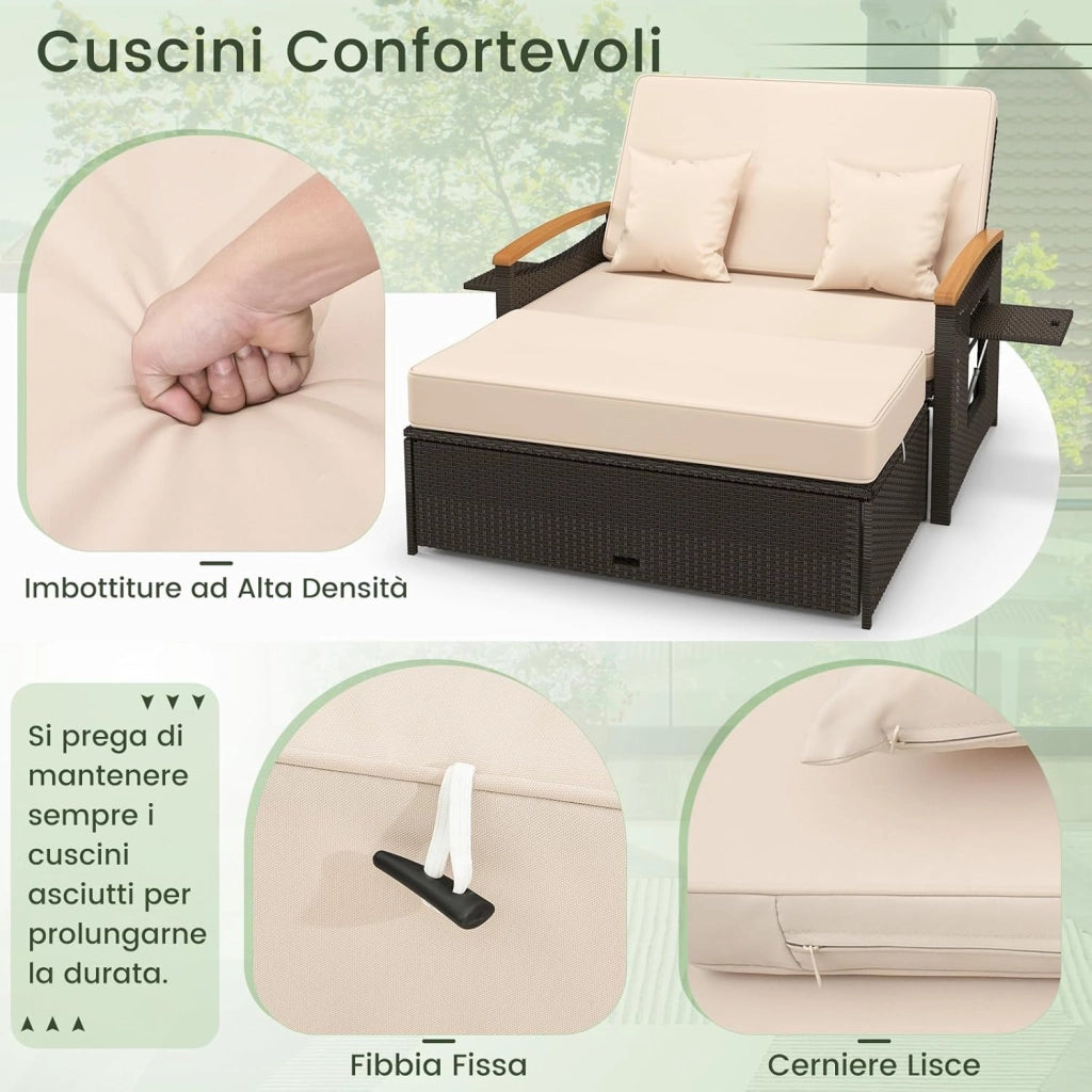 Lettino Regolabile da Giardino con Cuscino e Panca Contenitore, Divano Salvaspazio da Esterno con Schienale Regolabile a 4 Livelli e Vassoi Laterali Estraibili, per Piscina e Cortile (Beige)