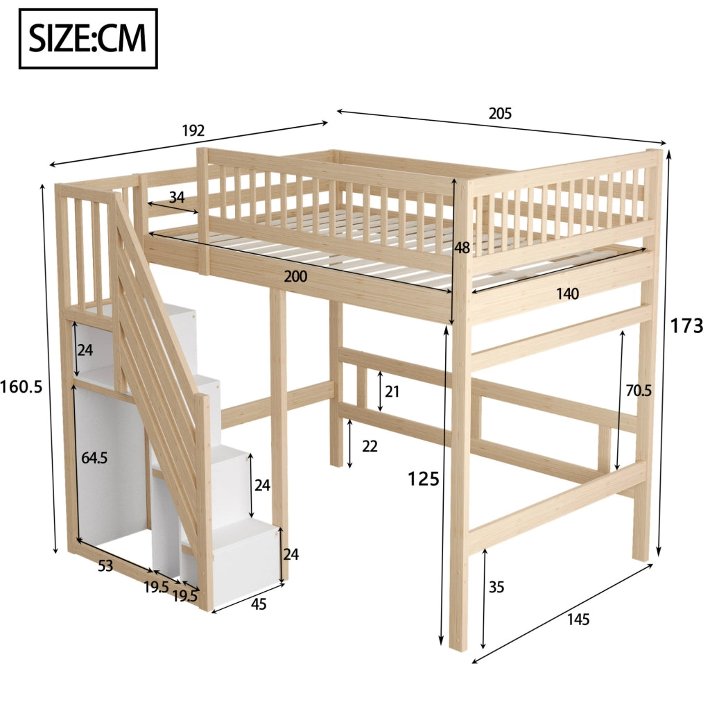 Letto singolo rialzato 140x200 cm in legno naturale con scala contenitore e sponda alta