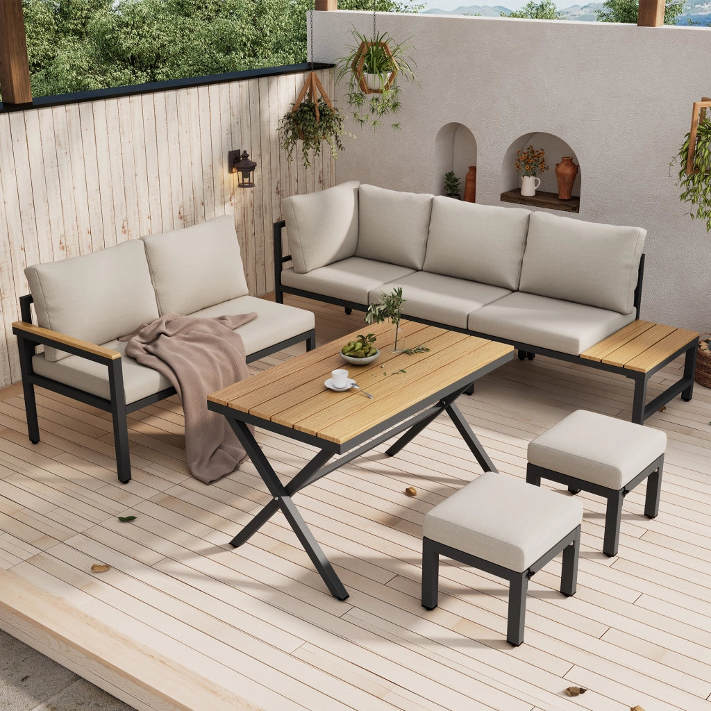 Set da Giardino 4 Pezzi con Divano Angolare, 2 Sgabelli e Tavolo ¨C MINIMAL ¨C Polyrattan e Acciaio, Grigio Beige