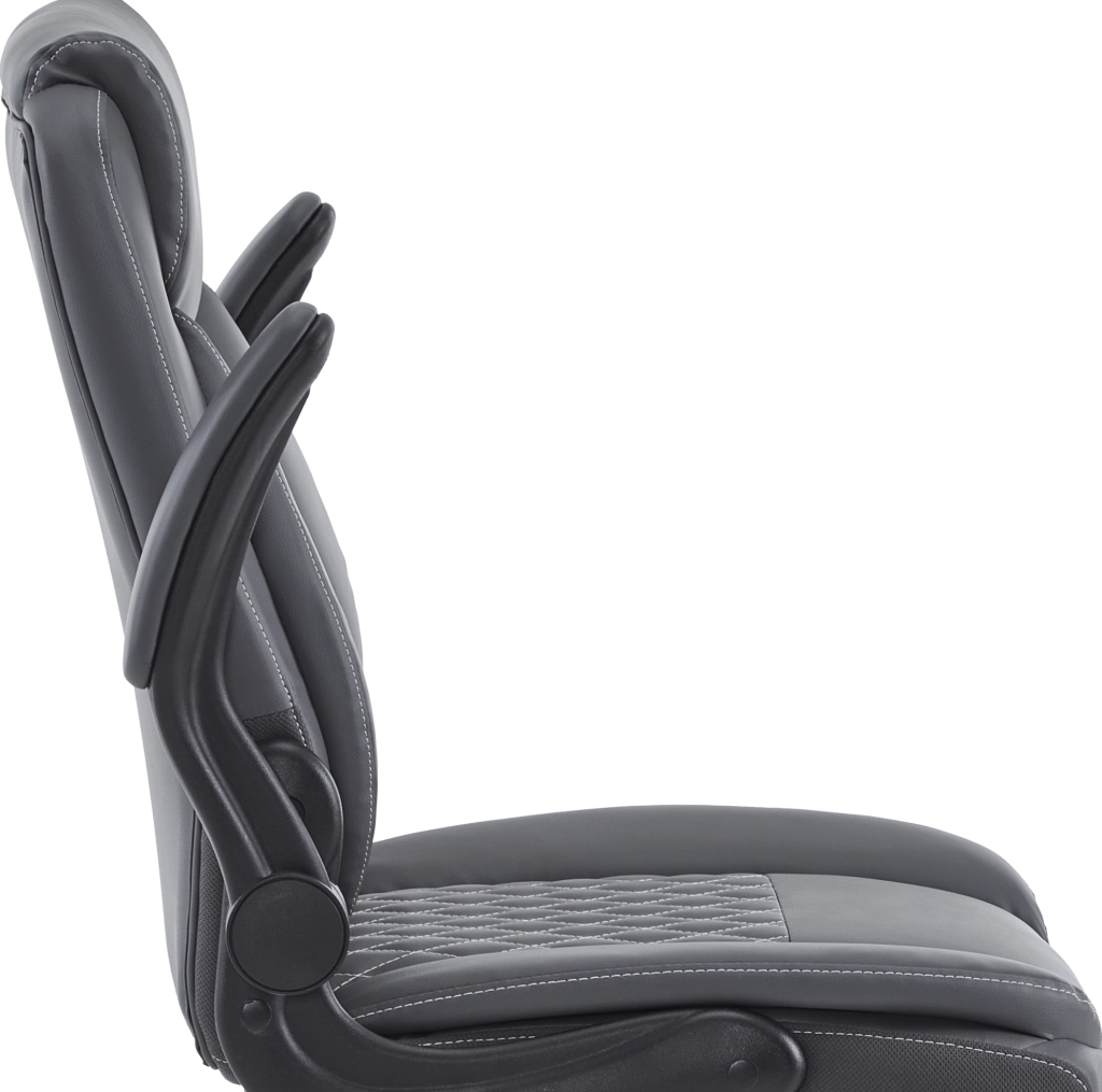 Poltrona ufficio ergonomica girevole grigia in pelle con braccioli ribaltabili e supporto lombare