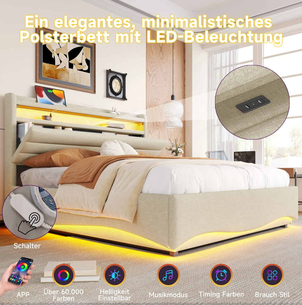 Letto imbottito 140x200 cm beige con LED, USB e Type-C