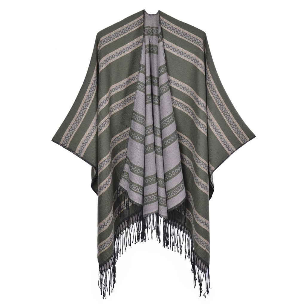 Sciarpa/mantella da donna con nappe, in cashmere spesso, reversibile, alla moda