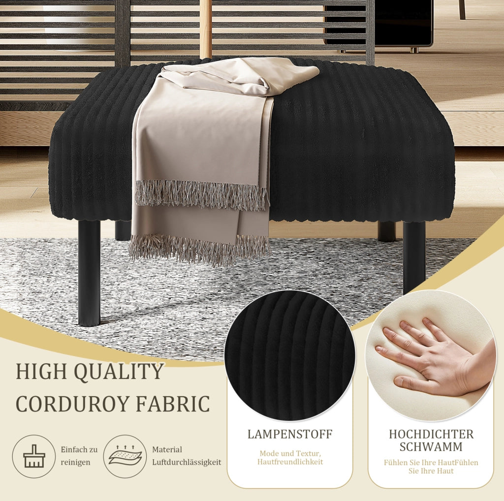 Pouf poggiapiedi ULEVR in velluto a coste nero con struttura in metallo, imbottito e versatile
