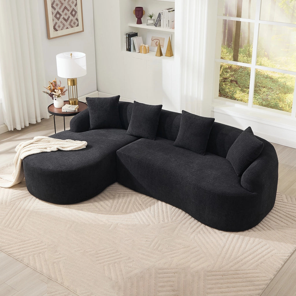 Divano modulare angolare 3 posti con chaise longue sinistra design curvo montaggio senza attrezzi in chenille nero