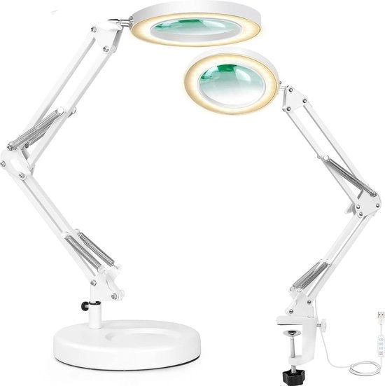 Lampada da Scrivania 2 in 1 - 5X Magnificatore con Lampada LED e Sgancio - Braccio di Regolazione con 3 Colori - Lampada da Scrivania con Armatura di Rotazione