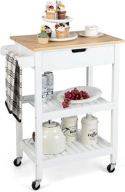 Carrello da Cucina, Carrello Cucina con Cassetti e Piano di Lavoro, Carrello da Cucina con Ruote, Carrellino Portaoggetti Multiuso, Portaoggeti in Bambù (Bianco)