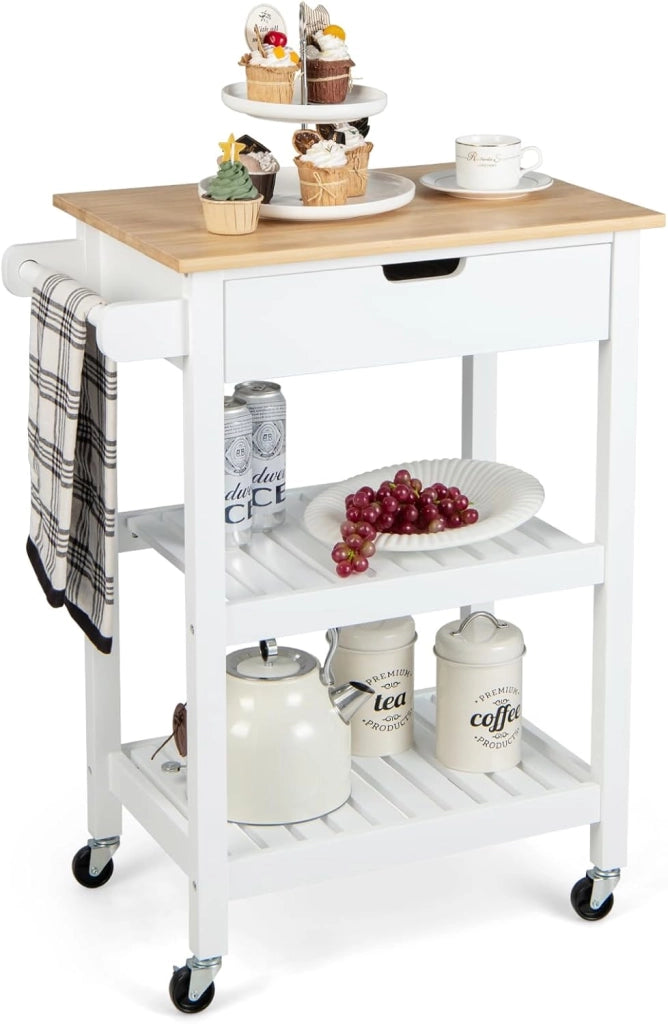 Carrello da Cucina, Carrello Cucina con Cassetti e Piano di Lavoro, Carrello da Cucina con Ruote, Carrellino Portaoggetti Multiuso, Portaoggeti in Bambù (Bianco)