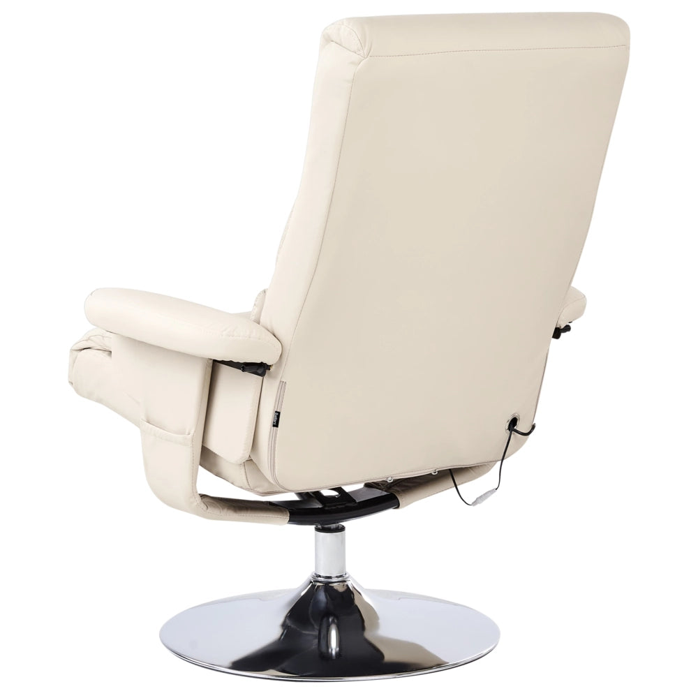 Poltrona reclinabile beige chiaro con poggiapiedi struttura in metallo imbottita in ecopelle funzione massaggio riscaldata design retrò