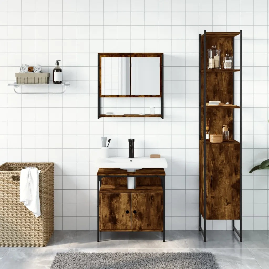 Set Mobili da Bagno | Armadio da bagno 3 pz Rovere Fumo in Legno Multistrato