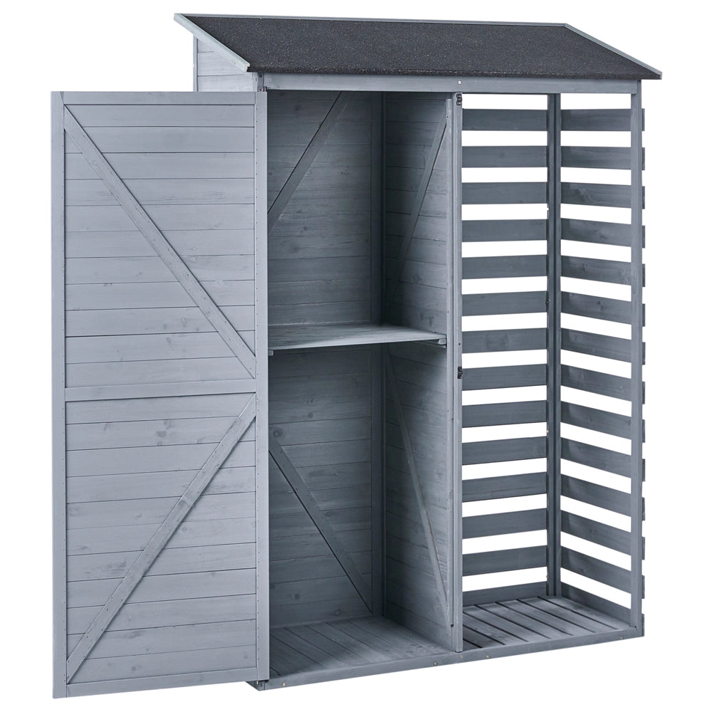 Capanno da giardino per esterni in legno di abete con tetto in asfalto ripiani e porte con chiusura a scatto grigio