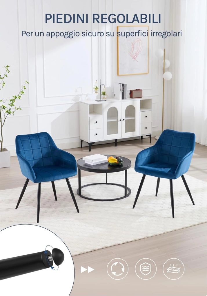 Set di 2 Sedie per Sala da Pranzo Imbottita, Poltroncina in Velluto,Sedia da Cucina con Braccioli e Schienale, Gambe in Metallo, moderne,Blu, BH93bl-2