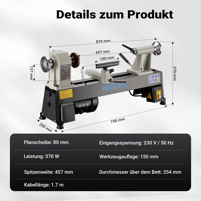 Tornio da banco per legno 370 watt, 600~2800 giri/min, Macchina da banco per tornitura