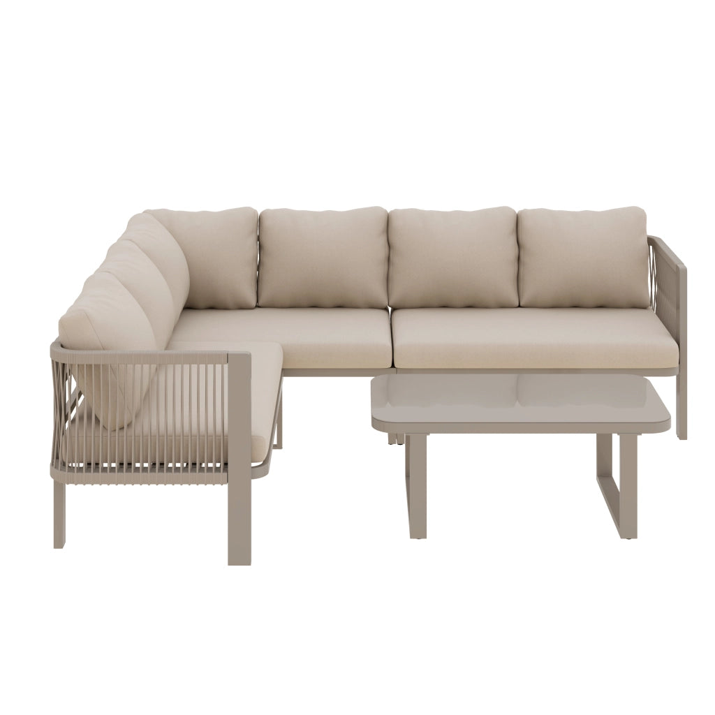Set Mobili da Giardino 6 Posti con Tavolo, Divano e Sedie ¨C MINIMAL ¨C Acciaio, Vetro, Textilene, Beige