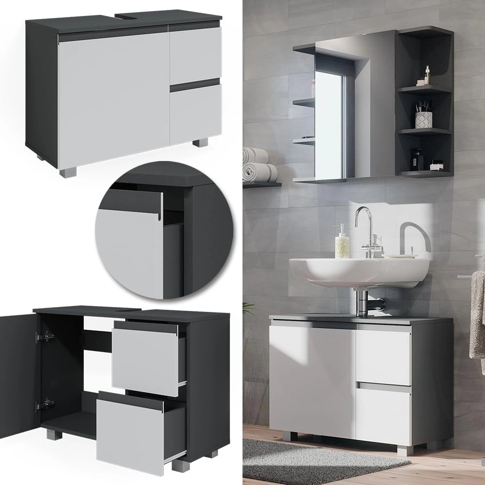 Mobile sottolavabo per bagno J-Shape, Antracite/bianco, 80 x 60.8 cm, con intaglio per sifone per l’installazione sotto il lavandino