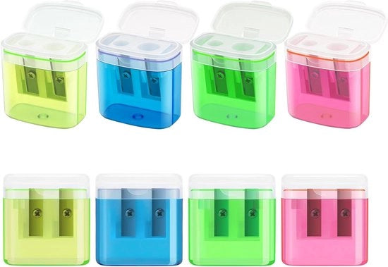 Potloodslijper con astuccio e due fori, 8 pezzi in 4 colori