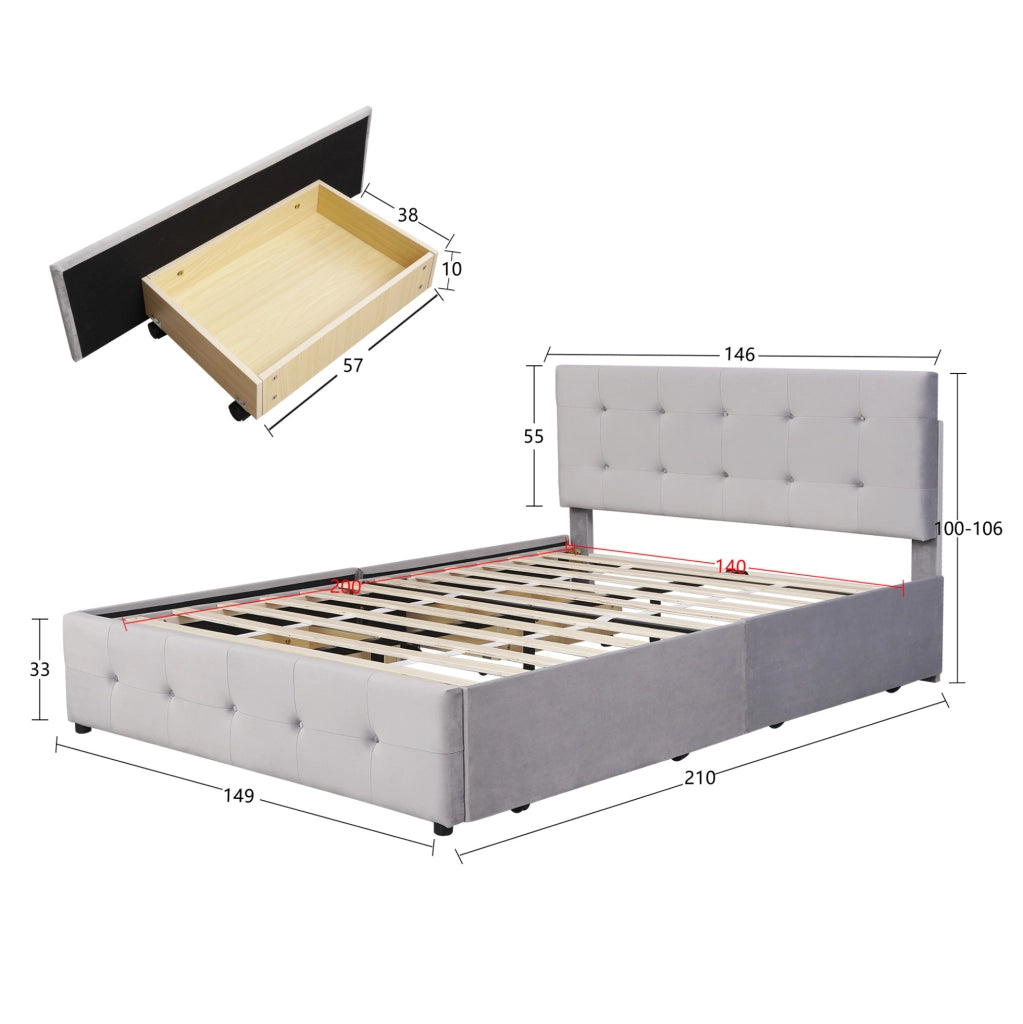 Letto matrimoniale 140x200 cm con 4 cassetti; struttura robusta; velluto imbottito; grigio