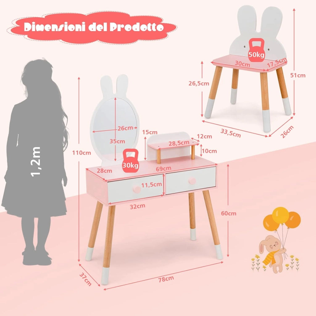 Toeletta Trucco 2 in 1 per Bambina, Specchiera a Forma di Coniglio Staccabile per Ragazza in Legno con Sgabello, Ripiano e 2 Cassetti, Postazione Trucco, 78 x 37 x 110cm (Bianco)