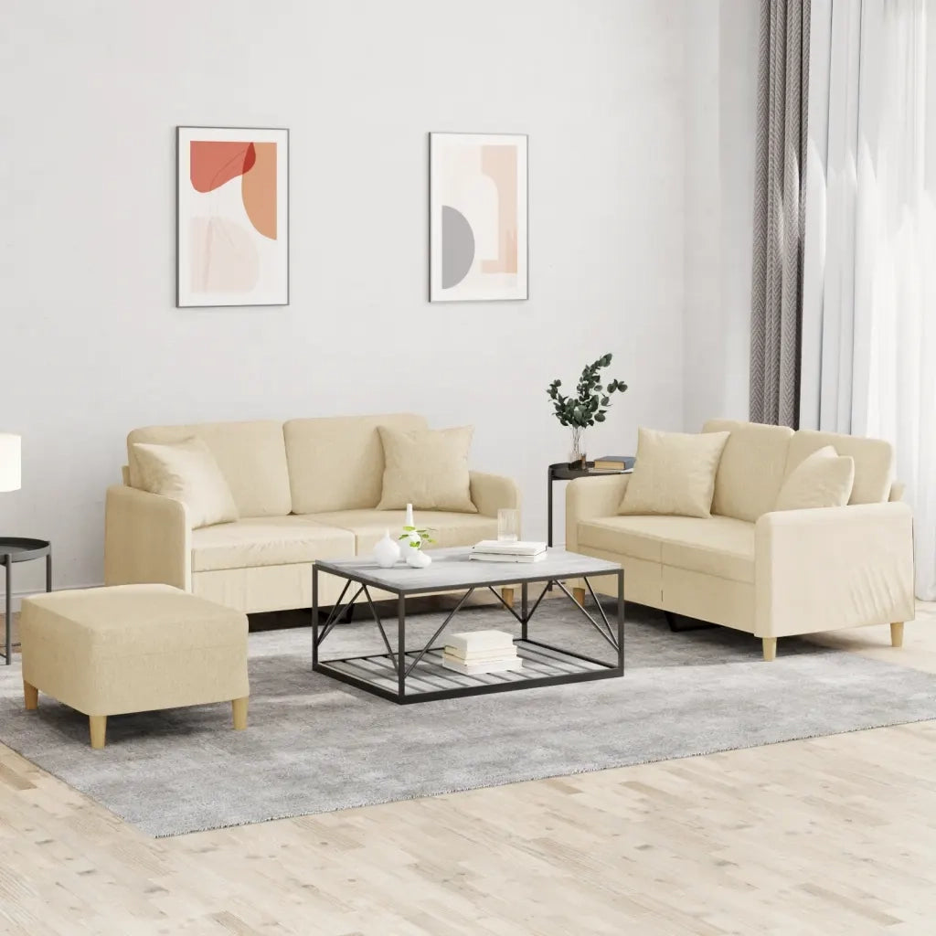 Set Divani 3 pz con Cuscini Crema in Tessuto