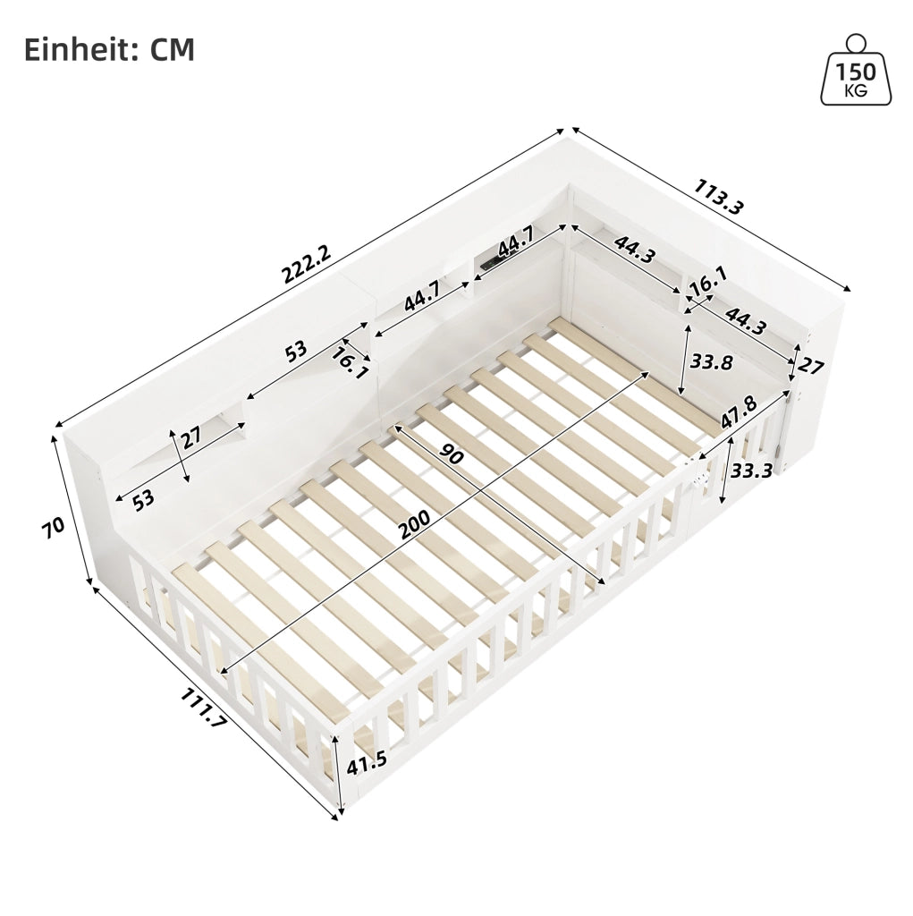 Letto da giorno con contenitore laterale, prese e USB, Bianco, 90 x 200 cm