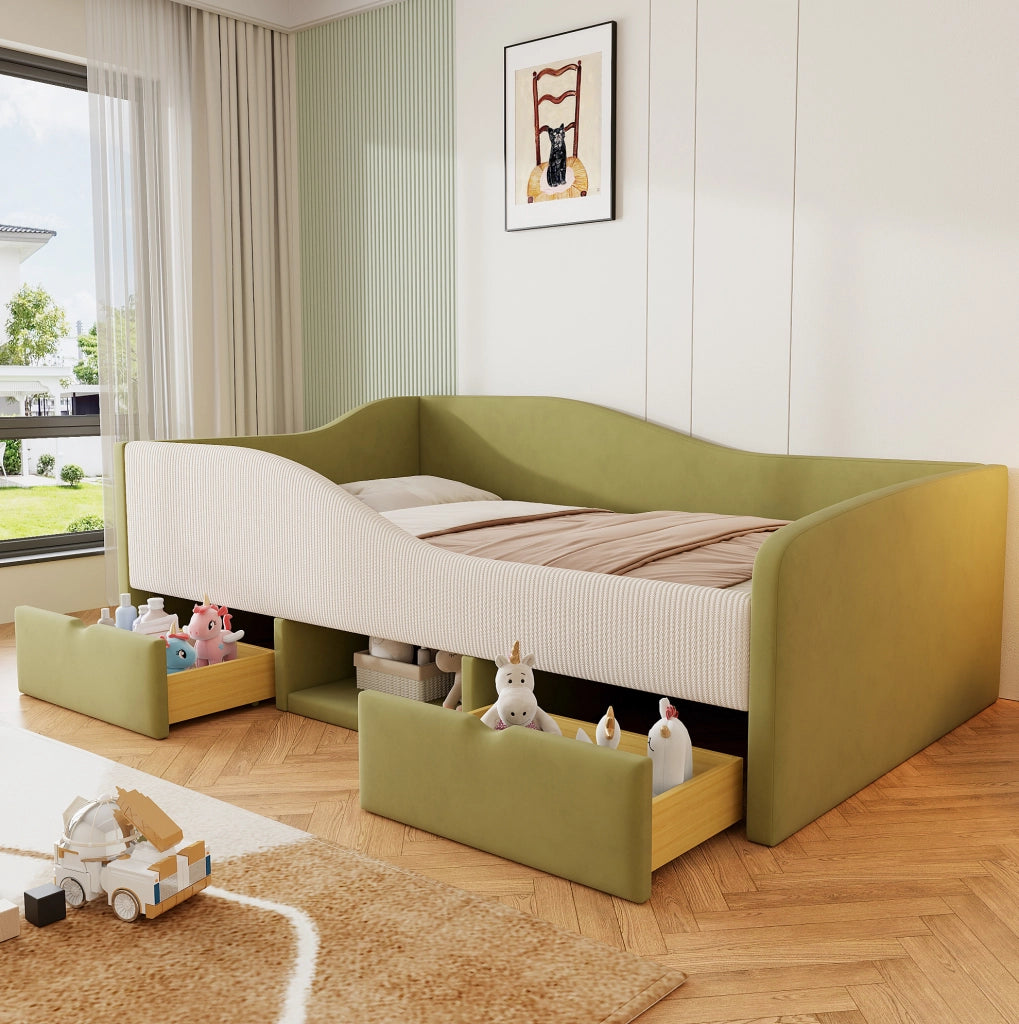 Letto imbottito 90x190 cm con sponde e contenitore in velluto verde e avorio