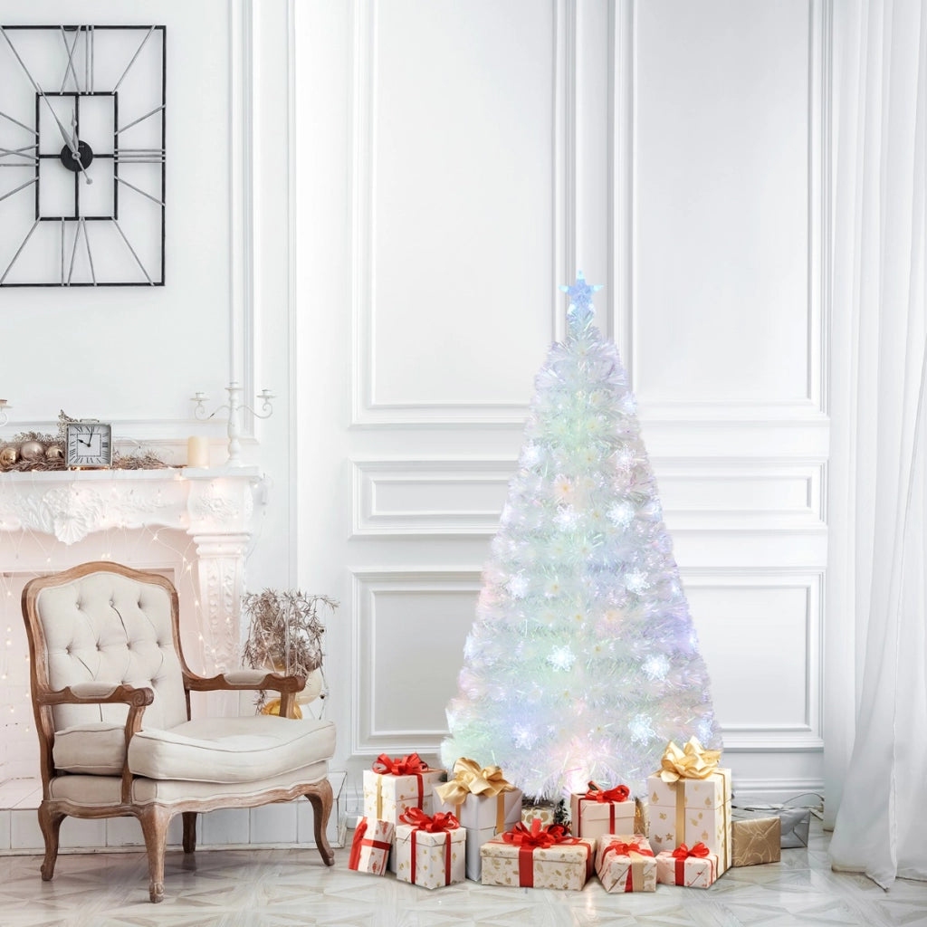 Albero di natale in fibra ottica da 210cm con foglie iridescenti stella in cima e luci LED, Albero decorativo per feste Bianco