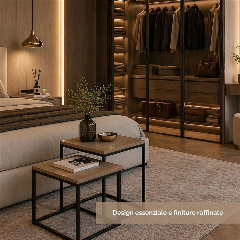 2 TAVOLINI METALLO MELANINA E MDF DIMENSIONI 35X35X45H CM E 40X40X50H CM - COLORE ROVERE