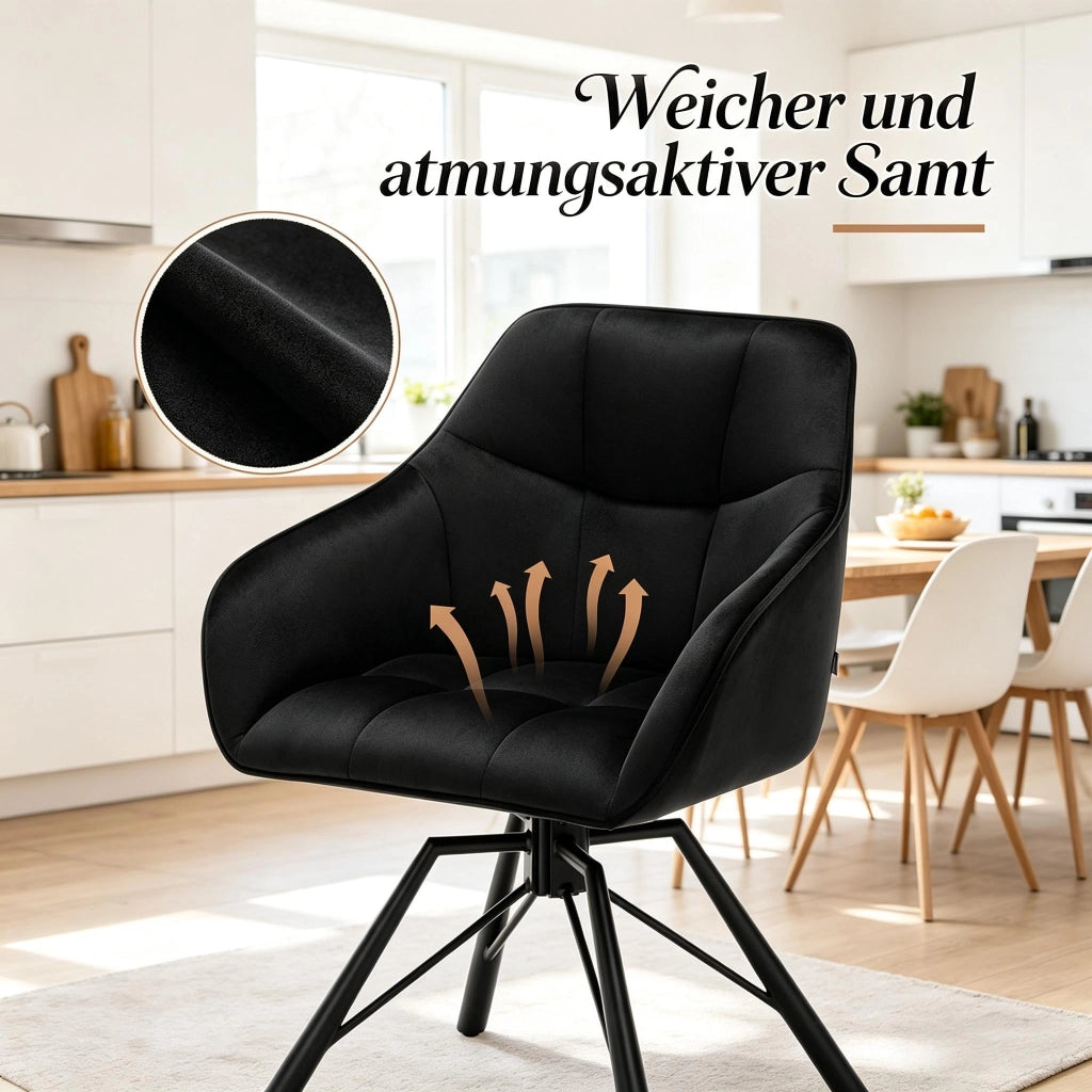 Chaise da pranzo girevole con braccioli e seduta ampia ergonomica in velluto e metallo nero set da 2 pezzi