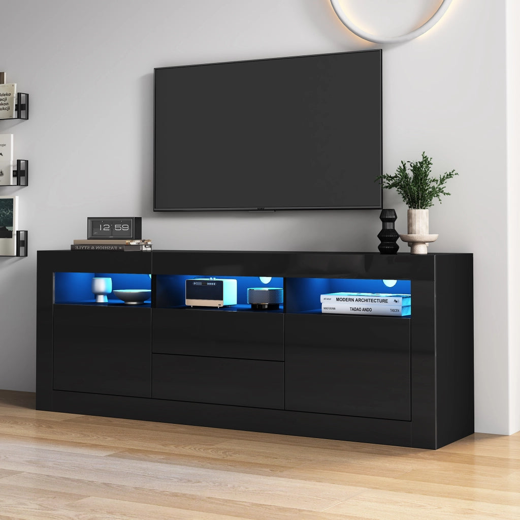 Mobile TV ULEVR 160x35x60 cm nero con LED Bluetooth, 2 ante, 2 cassetti e 3 vani aperti