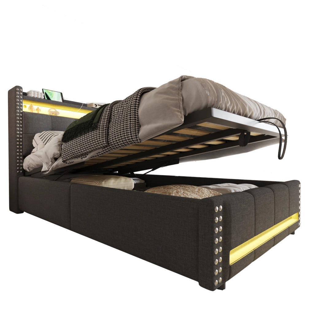 Letto imbottito multifunzionale 90x200 cm con LED, USB e contenitore