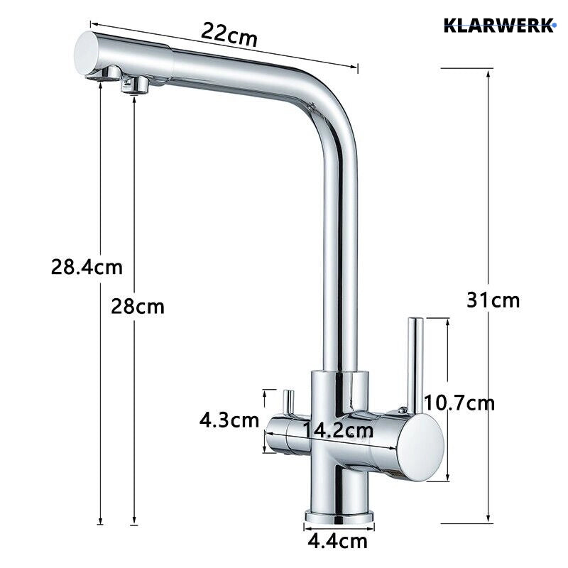 Felice | Raccordo acqua potabile premium a 3 vie cromato lucido Rubinetto miscelatore cucina ad osmosi in acciaio inossidabile | Filtra 3 connessioni